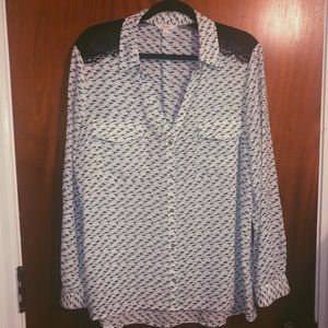 Patterned Blouse with Lace Shoulders